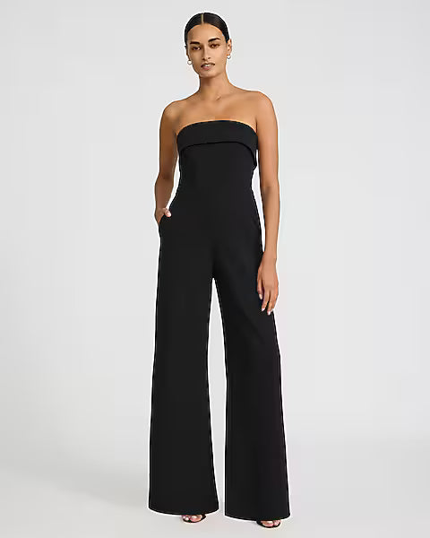Crepe Fold Over Strapless Wide Leg Jumpsuit with Pockets