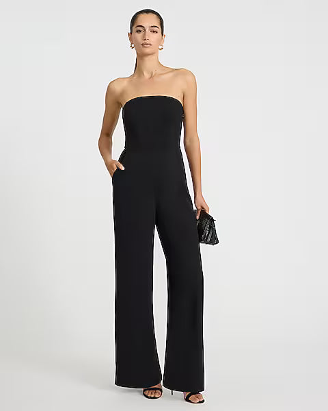 Crepe Strapless Wide Leg Jumpsuit with Pockets